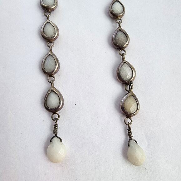 Sterling Silver Earrings Extra Long White Natural Stone Quartz Crystals Teardrop - Picture 2 of 5